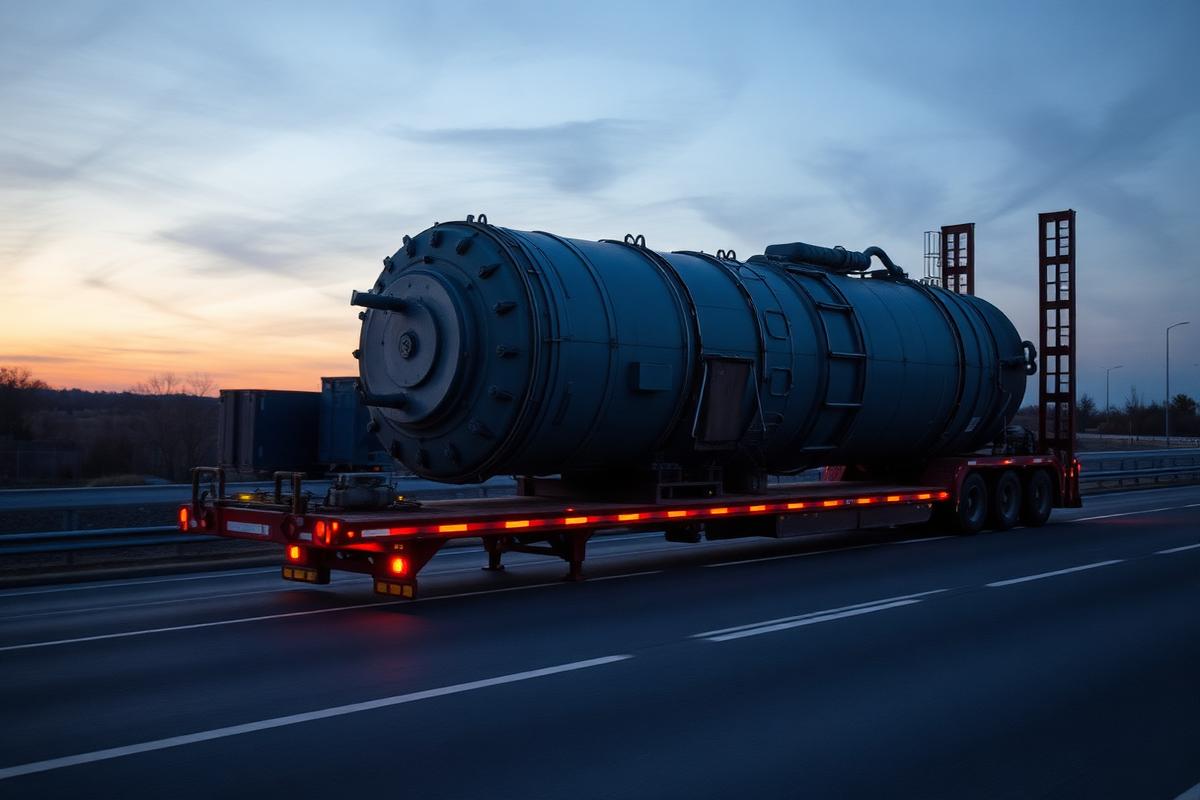 Equipamento industrial de grande porte sobre carreta em rodovia